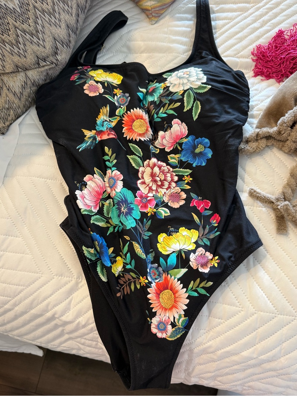 Johnny Was Black One-Piece with Multicolor Floral Print